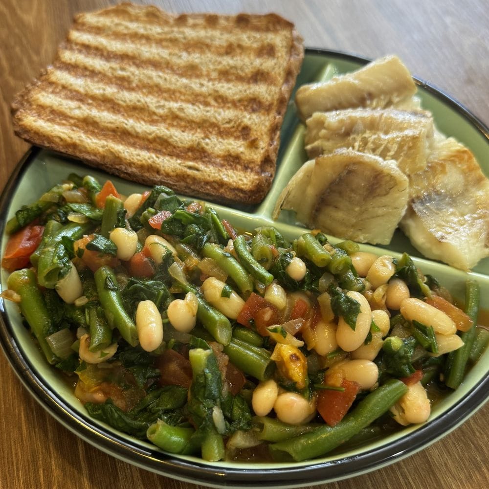 White fish, toast and bean stew