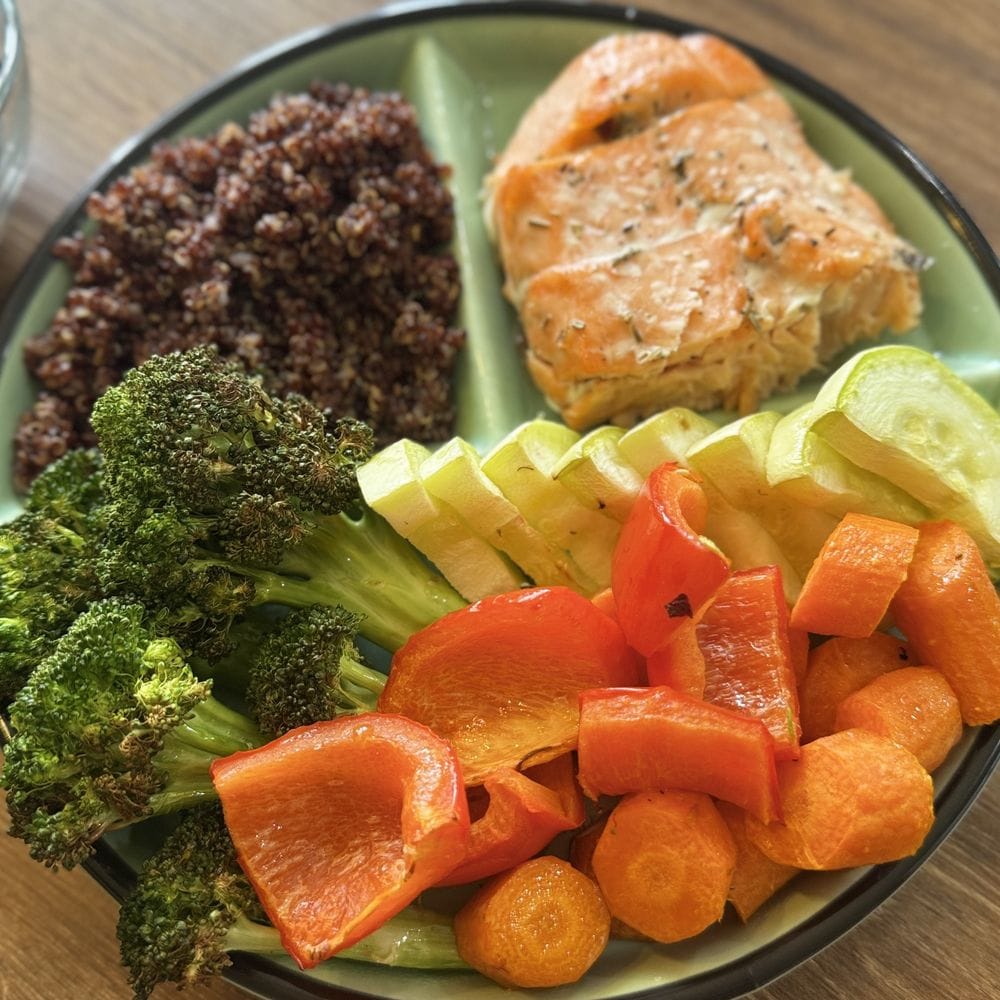 Salmon, quinoa and roasted vegetables